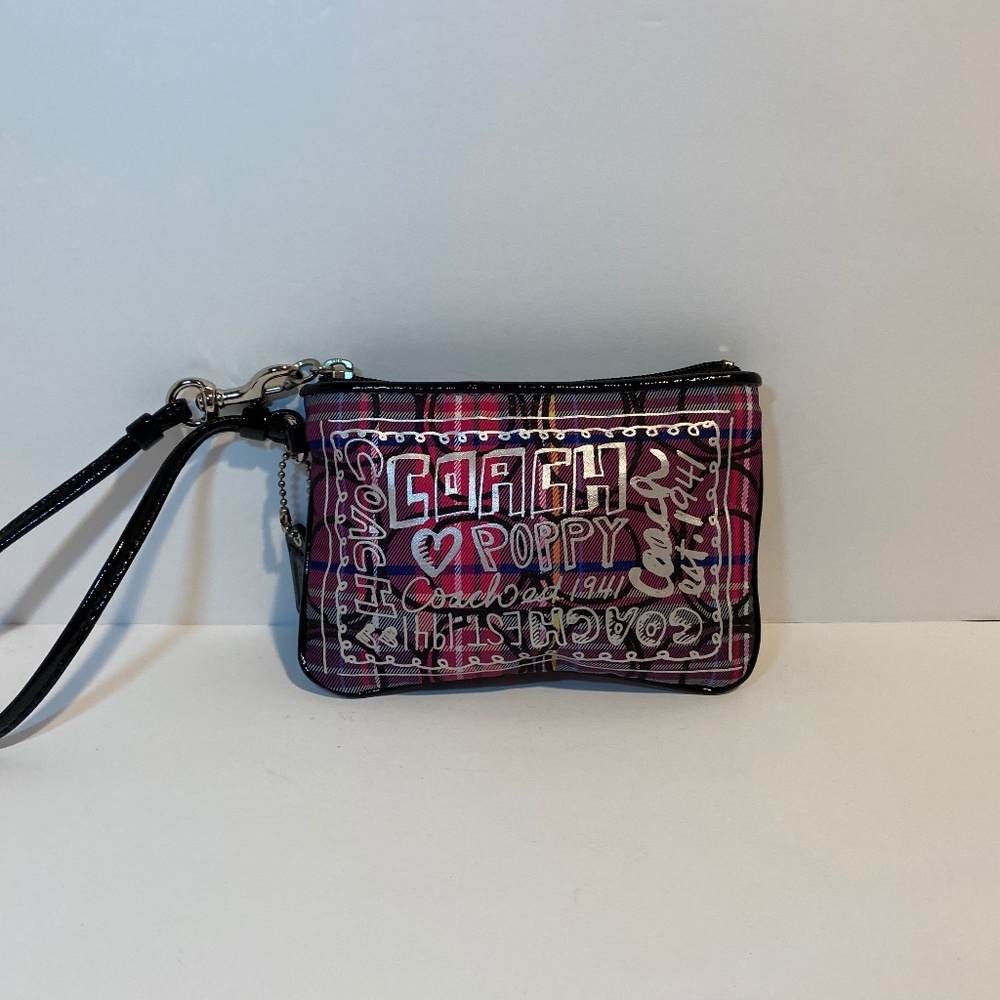 Coach Wristlet Poppy Tartan Pink Purple Black Plaid Black Patent Leather